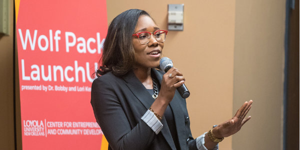 Joy Shaw pitching at Wolf Pack LaunchU