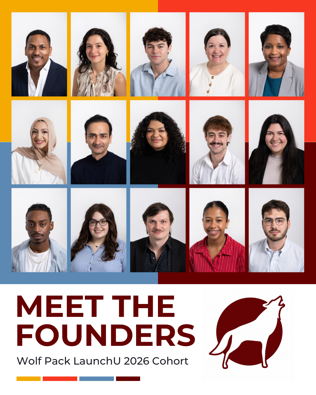 Graphic introducing the Wolf Pack LaunchU 2026 Cohort, featuring professional headshots of the 15 founders selected for Loyola University New Orleans' startup accelerator, alongside the LaunchU wolf logo and the title "Meet the Founders."